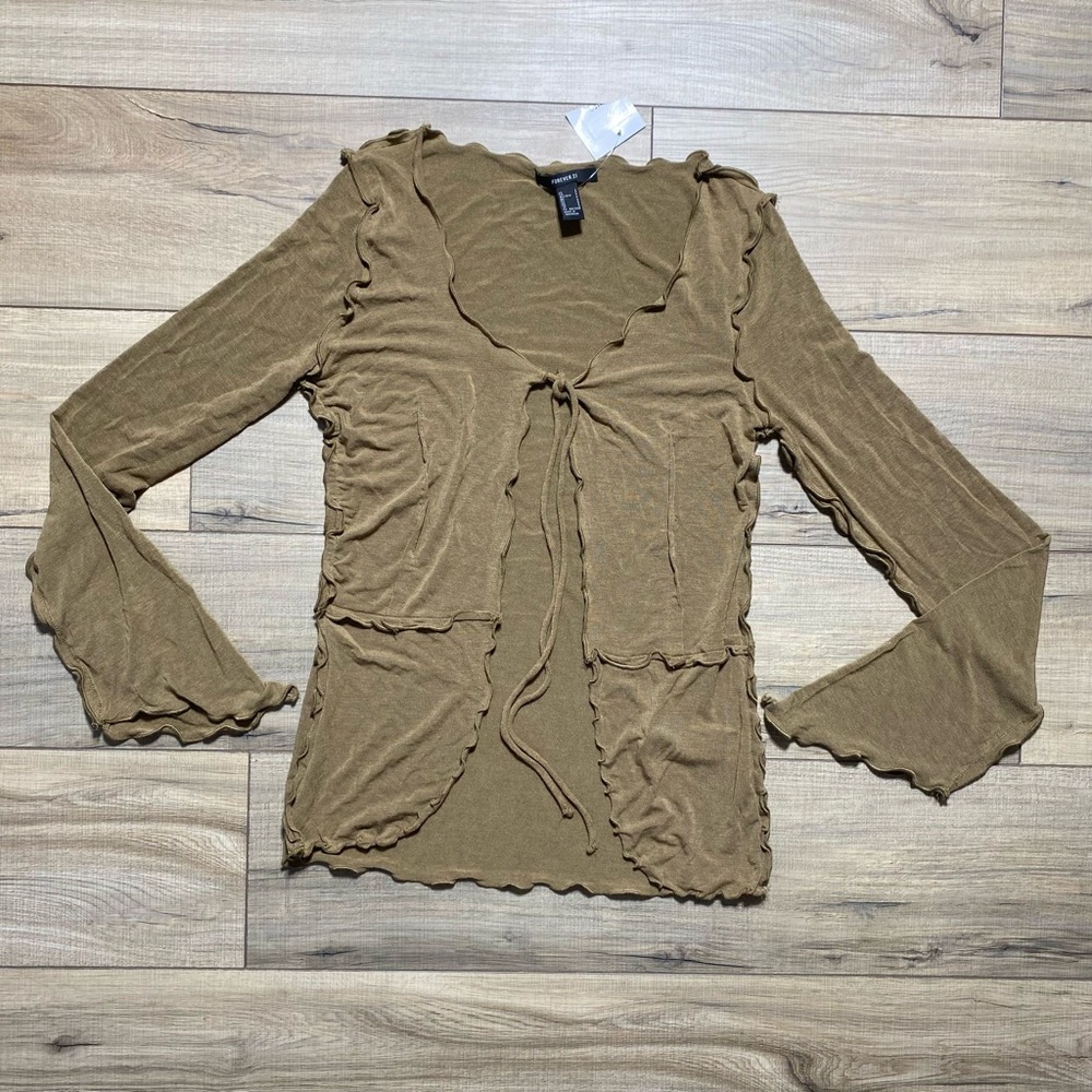 Forever 21 Womens Lettuce Edge Tie Front Bell Sleeve Top‎ Small Brownish Green